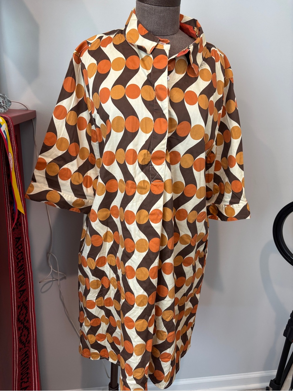 Dizzy Lizzie Retro Geometric Midi Shirt Dress in Orange & Brown XL